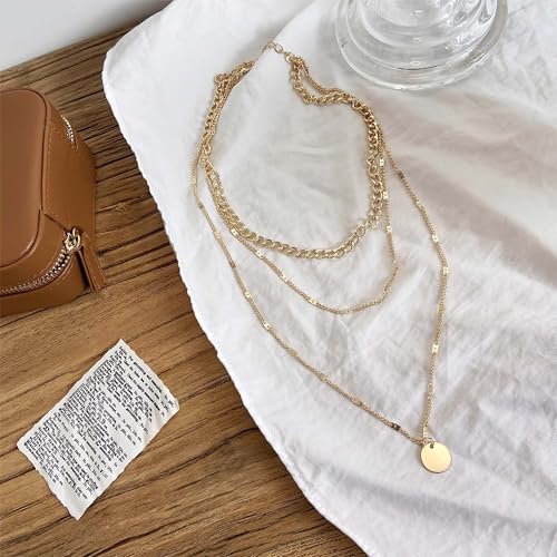 Gold Plated Layered Necklaces for Women Charm Disc Cuban Link Snake Chain Paperclip Layering Vintage Twisted Rope Adjustable Chain Trendy Jewelry Gifts for Women 16/18/20 Inches