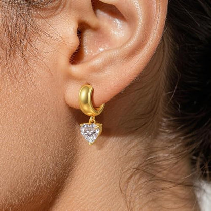 Chunky Gold Huggie Cz Dangle Earrings for Women | Hoop Huggies Dangly, Cubic Zirconia Drop Earring, Diamond Crystal Charm, Statement Dangling Earrings, Jewelry Gifts - color: Gold-Heart