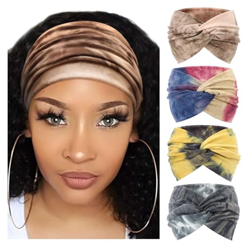 DRESHOW 4 Pack Turban Headbands for Women Wide Vintage Head Wraps Knotted Cute Hair Band Accessories - color: 4 Pcs Printed: Set B