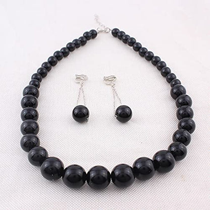 Handmade Faux Pearl Necklace and Clip on Earrings Jewelry Sets for Women Bib Choker Collar Necklace - color: Black-Necklace+Tassel Clip Earrings
