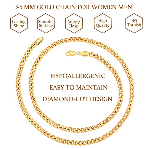 Fiusem 3.5mm Cuban Link Chains for Men, Silver Tone/Black/14K Gold Plated Stainless Steel Necklace Chain, Mens Necklace 16, 18, 20, 22, 24, 26, 28 Inch - size: 18 inches, style: c.3.5mm width-gold plated