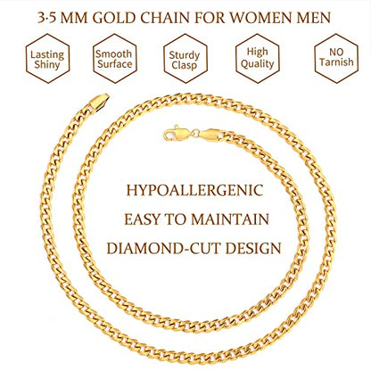 Fiusem 3.5mm Cuban Link Chains for Men, Silver Tone/Black/14K Gold Plated Stainless Steel Necklace Chain, Mens Necklace 16, 18, 20, 22, 24, 26, 28 Inch - size: 18 inches, style: c.3.5mm width-gold plated