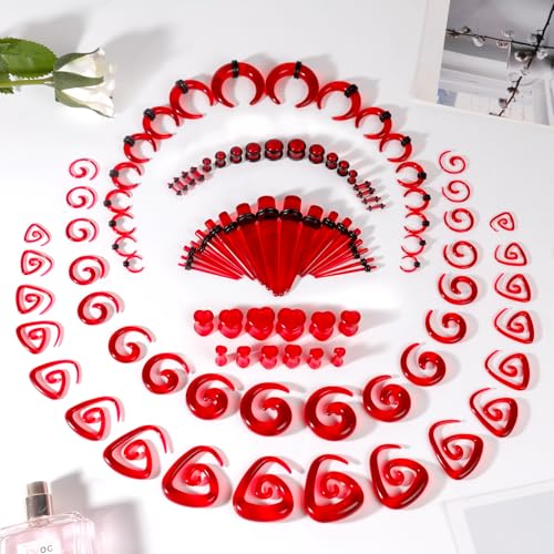 54/102Pcs Ear Stretching Kit 14G-00G Acrylic Ear Gauge Stretching Kit with Heart Plugs Gauge Tapers Ear Tunnels Horseshoes Taper Spiral Tapers Gauges Ear Expanders for Men Women - color: Red