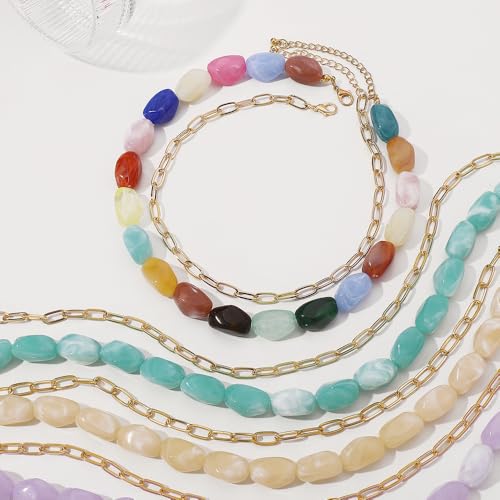 Summer Dopamine Colorful Beaded Necklace for Women, Boho Multicolor Irregular Large Resin Beads Necklace Chunky Layered Gold Chain Statement Choker Y2K Jewelry