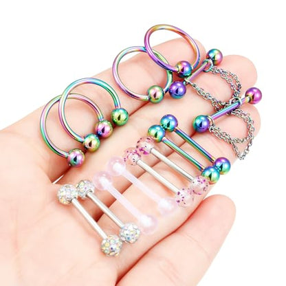 Hoeudjo 14Pcs 14G Surgical Steel Chain Dangle Nipple Rings Barbell Piercing Jewelry Retainer for Women - color: 7 Pairs/14G/Rainbow