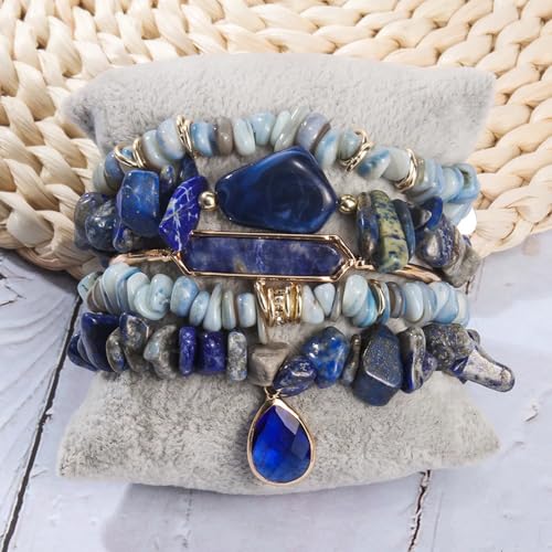 Yomisa 5PCS 6PCS Natural Boho Beaded Bracelets/Bangle for Women Men,Healing Turquoise Jasper Agate Crystal Gemstone Stone Chakra Multilayer Wrap Bohemian Handmade Jewelry Beads Stretch Bracelet Set - color: 5PCS-Sapphire blue