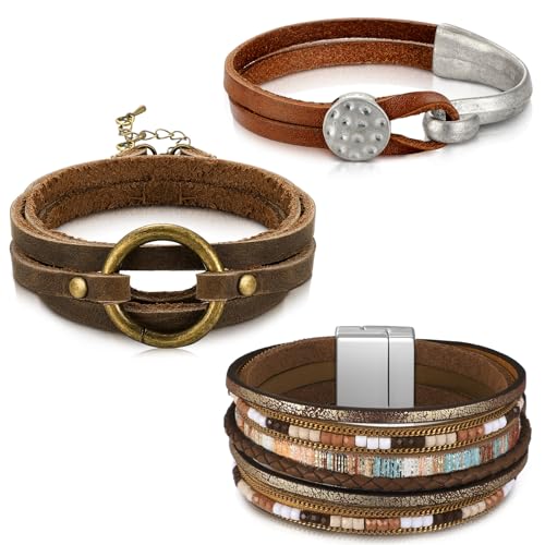 Inbagi 3 Pcs Western Jewelry for Women Bohemian Leather Bracelets for Women Faux Leather Multi Layered Wrap Bracelets Wristbands Cuff Boho Splicing Bangle Mens - style: Stylish