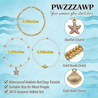 Ankle Bracelets for Women Gold Anklet Set Boho Vacation Gift | Gold anklet set for women 5 styles with matching gift pouch.Boho adjustable non-tarnish jewelry.Perfect present idea. - color: Starpearl