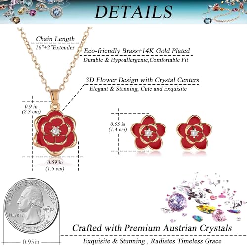 EVEVIC Dainty Flower Pendant Necklace Earrings for Women 14K Gold Plated Hypoallergenic Jewelry Sets - color: Red /Rose Gold-tone