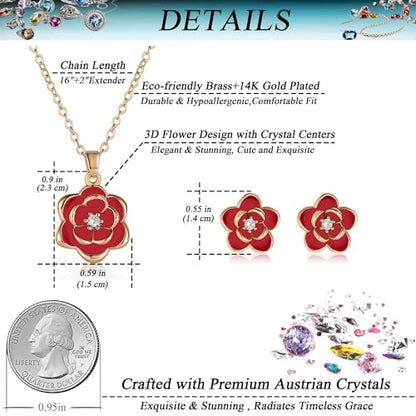 EVEVIC Dainty Flower Pendant Necklace Earrings for Women 14K Gold Plated Hypoallergenic Jewelry Sets - color: Red /Rose Gold-tone