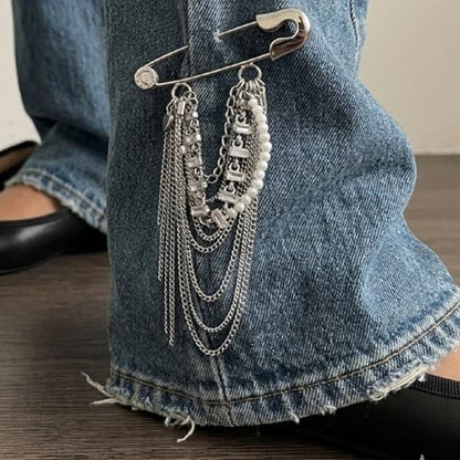 Fashionable Retro Alloy Brooch with Faux Pearls and Long Chains Statement Clothing Accessory for Women Vintage Stone Brooch