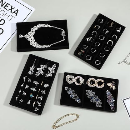 8 Pack 4 Styles Velvet Jewelry Tray, 8" x 5" Jewelry Organizer Tray Stackable Jewelry Storage Tray, Drawer Jewelry Tray for Rings, Earrings, Necklace, Bracelet, Black