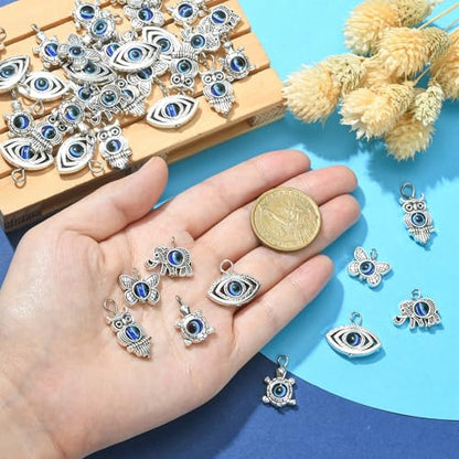 LiQunSweet 100 Pcs Mixed Shapes Turtle Elephant Butterfly Owl Animal Evil Eye Charms for Jewelry Making Bracelet Earrings Necklace DIY Craft - color: Animal Evil Eye Charms_100 Pcs