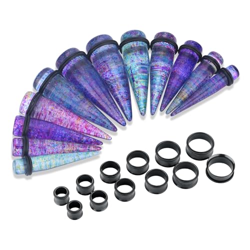 24PC Ear Gauge Stretching Kit Acrylic Tapers and Surgical Steel Tunnels Plugs 00G-20MM Gauge Stretching Kit - color: Rainbow Black