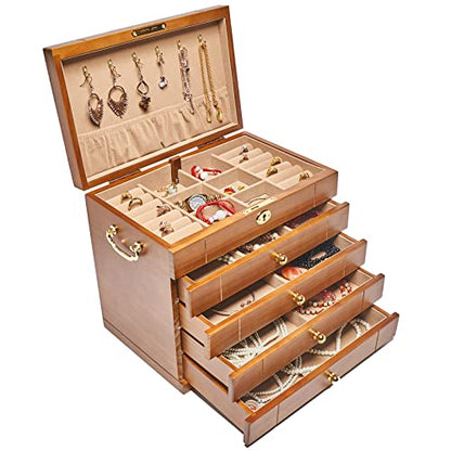 Changsuo Wooden Jewelry Box for Women, Organizer Box of Solild Wood with Combo Lock for Jewelries, Watches, Necklace, Ring, Storage Box (Light Brown)