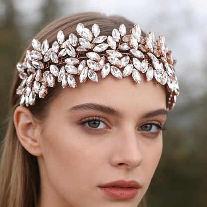 Missgrace Women Silver Green Black Red Blue Handmade Full Crystal Rhinestone Large Headband Hair Vine Shinny Headpiece Bridal Wedding Hair Accessories for Women (Rose gold) - color: Rose gold