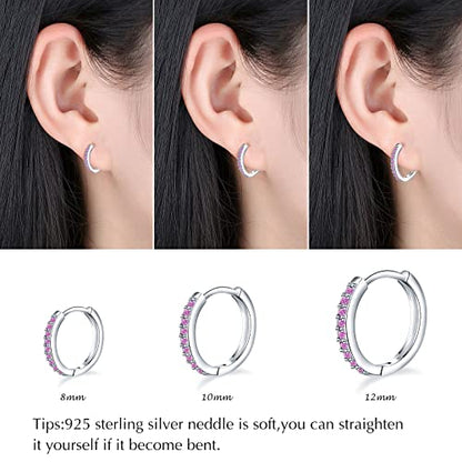 3 Pairs 925 Sterling Silver Small Hoop Earrings for Women Men | Cubic Zirconia, 14K White Gold Plated Huggie Hoop Earrings, Hypoallergenic - style: Q-pink cz 8/10/12mm