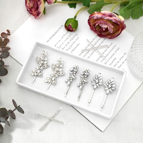 Janinka 10 Pieces Rhinestone Wedding Hair Clips Bridal Crystal Bobby Pins Silver Barrette Leaf Flower Wedding Elegant Hair Accessories for Bride Women and Girls(Rhinestone Style) - color: Rhinestone style