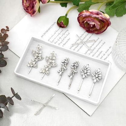 Janinka 10 Pieces Rhinestone Wedding Hair Clips Bridal Crystal Bobby Pins Silver Barrette Leaf Flower Wedding Elegant Hair Accessories for Bride Women and Girls(Rhinestone Style) - color: Rhinestone style