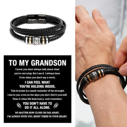 To My GrandSon Bracelet – Love You Forever Braided Leather Bracelet, Meaningful GrandSon Gift from Grandpa & Grandma with Heartfelt Message Card & Elegant Gift Box for Birthday, Christmas - color: Version#4