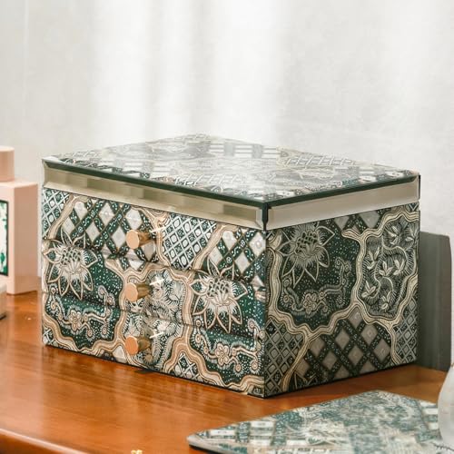 High End Glass Jewelry Box for Women, 3 Layer, Emerald | Large Jewelry Organizer, Velvet-Lined Case, For Ring, Necklace, Earring, Bracelet Watches Storage, Gift for Her - color: Emerald, size: 3 Layer(7.6"D x 10.8"W x 6.2"H)
