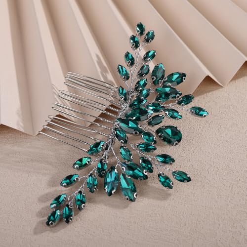 Teyglen Green Crystal Bride Wedding Hair Comb Full Rhinestone Wedding Hair Piece for Bride Wedding Hair Accessories Teardrop Crystal Hair Comb for Women Bridal Headpiece(Peacock green) - color: Peacock green