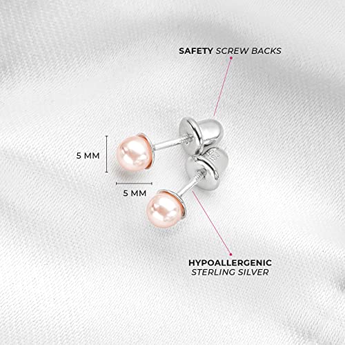 In Season Jewelry Pink Simulated Pearl Kids Earrings - 925 Sterling Silver Hypoallergenic Earrings for Girls with Safety Screw Backs - Safe & Comfortable for Toddlers, Kids & Little Girls, 3mm-5mm