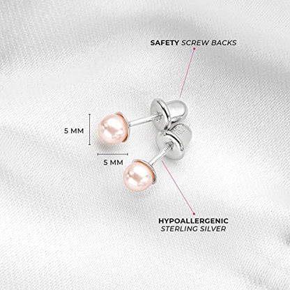 In Season Jewelry Pink Simulated Pearl Kids Earrings - 925 Sterling Silver Hypoallergenic Earrings for Girls with Safety Screw Backs - Safe & Comfortable for Toddlers, Kids & Little Girls, 3mm-5mm