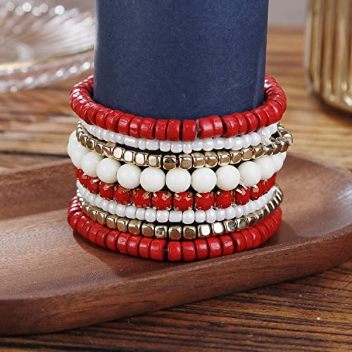 LUREME Boho Multi Strand Stackable Stretch Bracelet Set Wooden Cube Alloy Bead Bangle bl003172 - color: Red