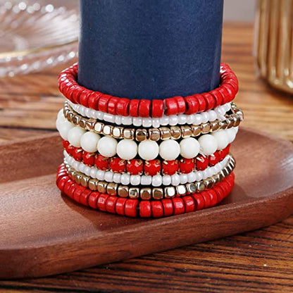 LUREME Boho Multi Strand Stackable Stretch Bracelet Set Wooden Cube Alloy Bead Bangle bl003172 - color: Red