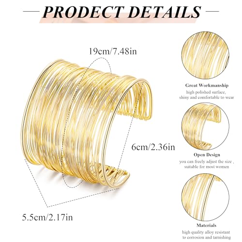 2Pcs Cuff Bangle Bracelet for Women Open Wide Bangle Bracelet Set | minimalist statement bangle bracelets，wrist cuff wrap bracelet adjustable，open wide wire grooved hammered bracelet set - color: 2PCS-Gold-D