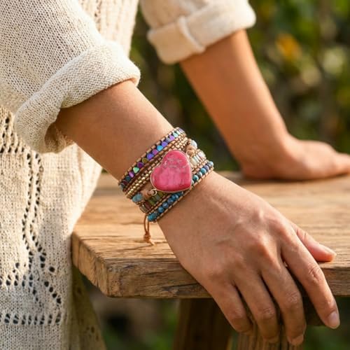 YGLINE Boho Handmade Wrap Leather Tube Crystal Stone Bracelet for Women - color: Heart Jasper