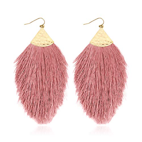 Bohemian Silky Thread Fan Fringe Tassel Statement Earrings - Lightweight Strand Feather Shape Dangles - color: Feather Fringe - Dusty Pink