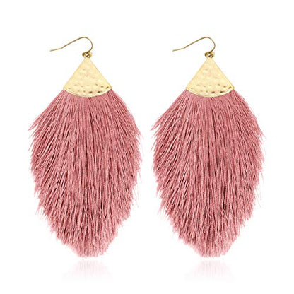 Bohemian Silky Thread Fan Fringe Tassel Statement Earrings - Lightweight Strand Feather Shape Dangles - color: Feather Fringe - Dusty Pink