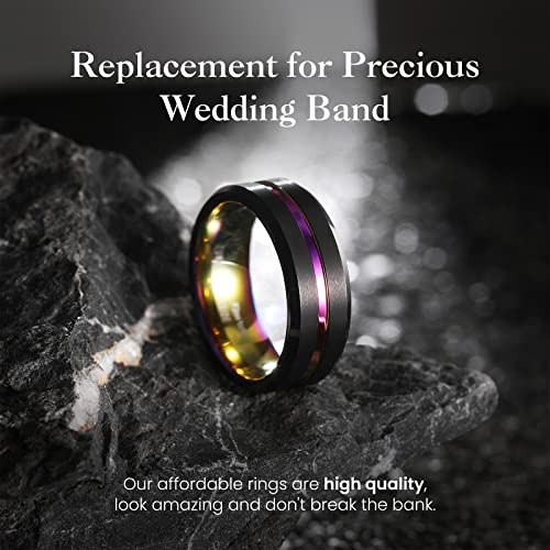 King Will Mens 8mm Cross Groove Tungsten Carbide Wedding Ring | Rose Gold, 8mm, Grooved, Comfort Fit, Cross design, Everyday Wear - color: Black Rainbow 8mm