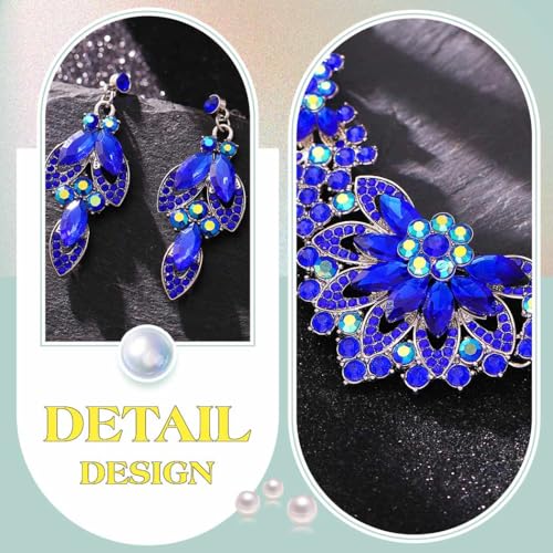Yonamix Gold Jewelry Set Wedding Rhinestone Necklace Sets for Women | Formal Prom Dinner Party Gala Night Crystal Flower Necklaces Earrings - color: E Blue