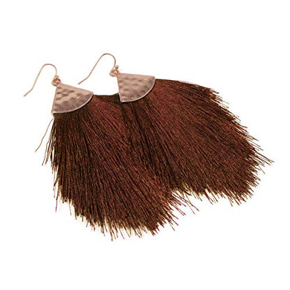 Bohemian Silky Thread Fan Fringe Tassel Statement Earrings - Lightweight Strand Feather Shape Dangles - color: Feather Fringe - Brown
