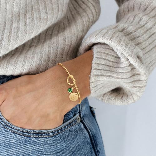 Initial Birthstone Gold Bracelets for Women Trendy 14K Gold Plated Letter A-Z Initial Charm Bracelet Tie the Love Knot Adjustable Cuff Bangle Birthstone Bracelets Birthday Bridesmaid Proposal Gifts - color: D