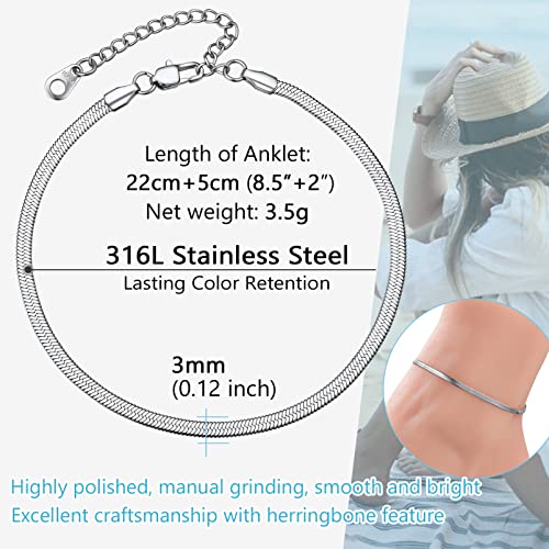 PROSTEEL 316L Stainless Steel Herringbone Flat Chain Bracelets/Anklets, Beautiful Summer Jewelry, Black/Yellow Gold/Rose Gold Plated, 6.3inch/8.5inch Adjustable, Come Box - color: Silver