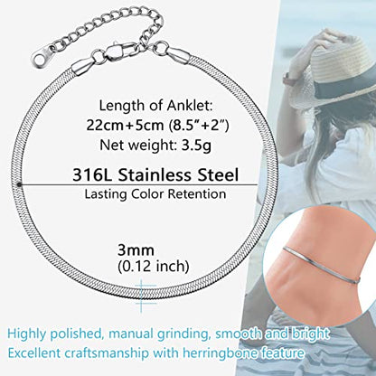 PROSTEEL 316L Stainless Steel Herringbone Flat Chain Bracelets/Anklets, Beautiful Summer Jewelry, Black/Yellow Gold/Rose Gold Plated, 6.3inch/8.5inch Adjustable, Come Box - color: Silver