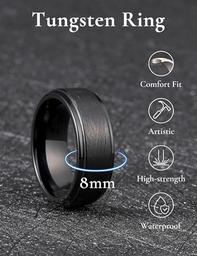 King Will Classic Tungsten Carbide Ring Brushed Two Grooved Center Hammered Design Mens Wedding Band for Men | Black/Silver/Gold, 8mm, Men's Wedding Band, Grooved, Comfort Fit, Everyday Wear - color: C-Black 8mm