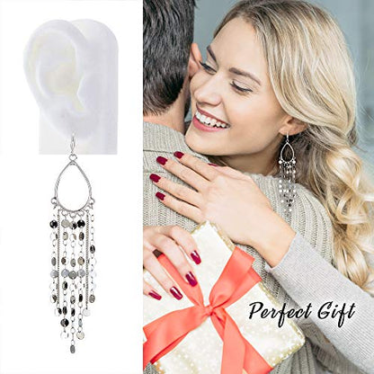 Bohemian Boho Tassel Dangle Drop Earrings for Women – Lightweight Filigree Gypsy Coin Chandelier Disc Charm Hoops – included Gift Box - style: Teardrop - Silver
