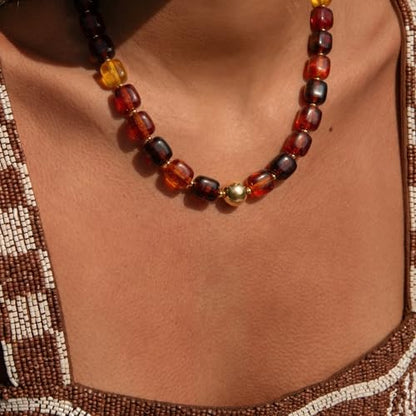 Chunky Colorful Beaded Choker Necklace for Women, Summer Beach Statement Resin Beads Necklace, Trendy Womens Summer Beach Jewelry Birthday Gifts for Vacation Holiday - color: Square Brown Bead