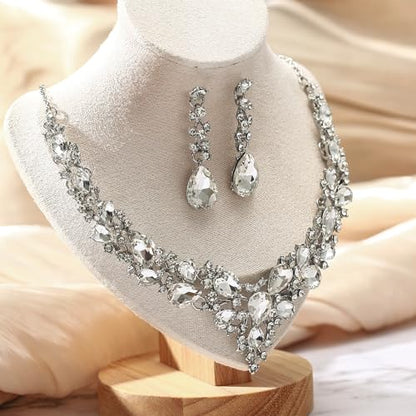 Women's Wedding Statement Necklace Dangle Earring Jewelry | Austrian Crystal Teardrop Cluster,Necklaces Earrings Set for Bride Bridesmaid,Prom Accessories - color: 10-Clear Rhodium-Tone