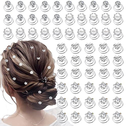 60 PCS 4 Shapes Gems Rhinestone Twister Hair Studs Set Diamond Spiral Pearl Flower Jewels Hair Pins Sticks for Wedding, Bridal, Prom, Party and Special Occasion, Butterfly - color: Butterfly