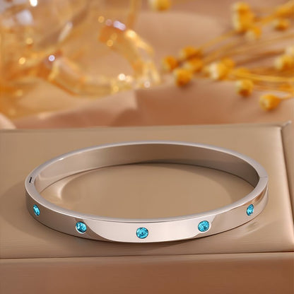 Women’s Silver Bracelet with Blue Crystals – Stainless Steel Slim Hinged Bangle