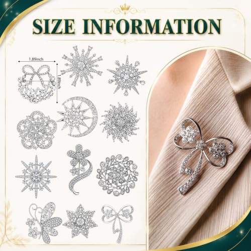 12 Pcs Women Brooches Bulk Vintage Rhinestone Pin Set - style: Crystal