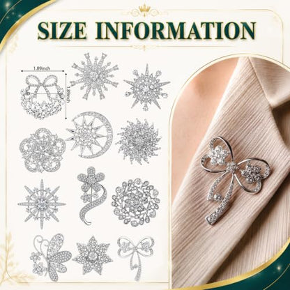 12 Pcs Women Brooches Bulk Vintage Rhinestone Pin Set - style: Crystal