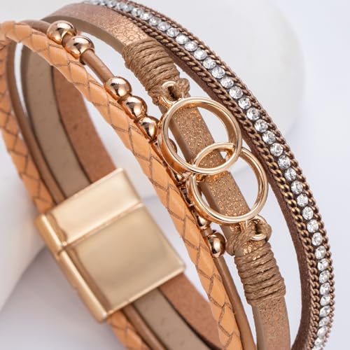 Chunky Boho Leather Wrap Bracelets Cowgirl Beaded Circle Western Jewelry | Stackable Infinity Layered Bohemian Magnetic Clasp Cuff Statement Fashion Colorful Country Hippie Outfits for Women Trendy - color: Brown
