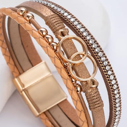 Chunky Boho Leather Wrap Bracelets Cowgirl Beaded Circle Western Jewelry | Stackable Infinity Layered Bohemian Magnetic Clasp Cuff Statement Fashion Colorful Country Hippie Outfits for Women Trendy - color: Brown